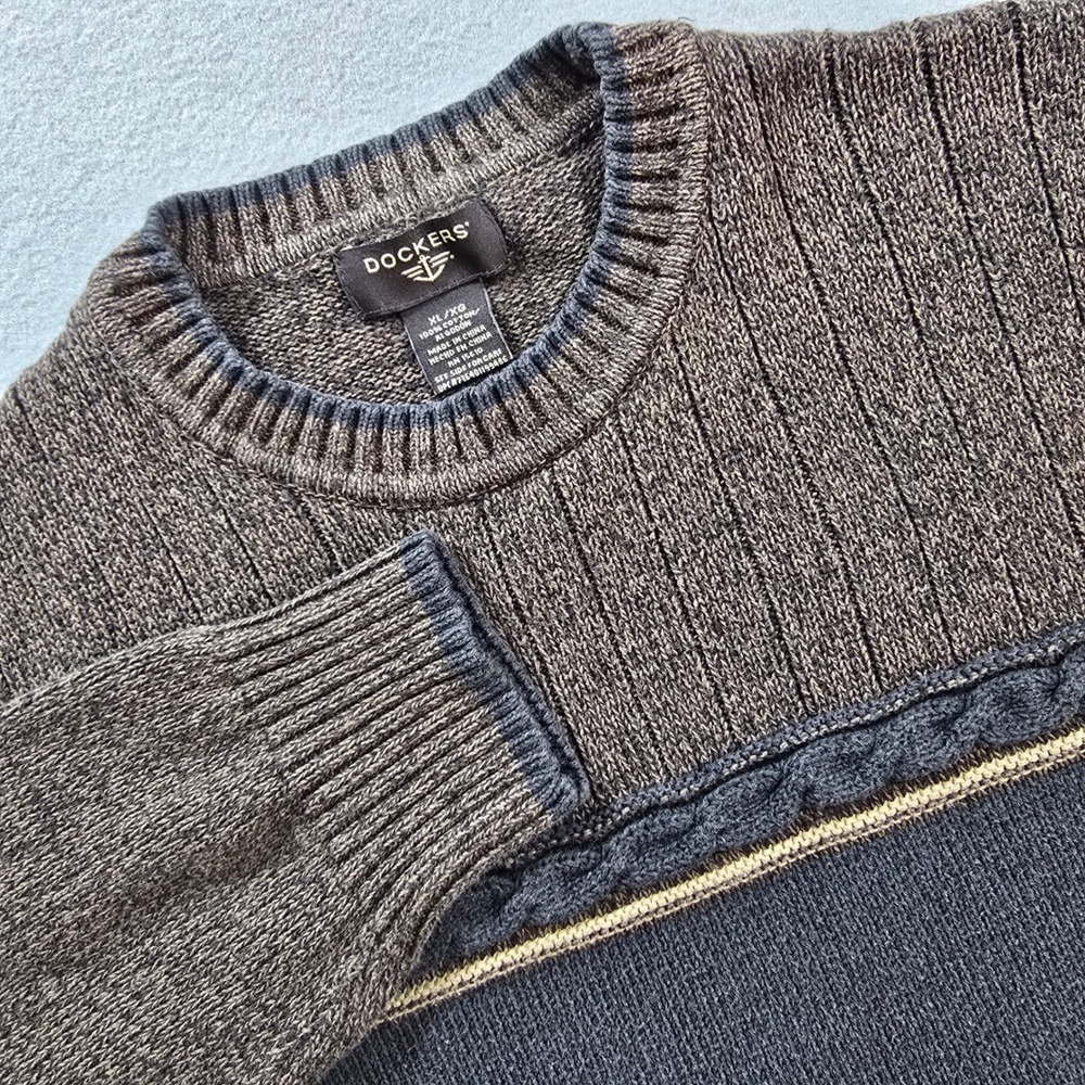 Dockers Mens XL Brown Grey Cotton Colorblock Cable Knit Crew Neck Sweater